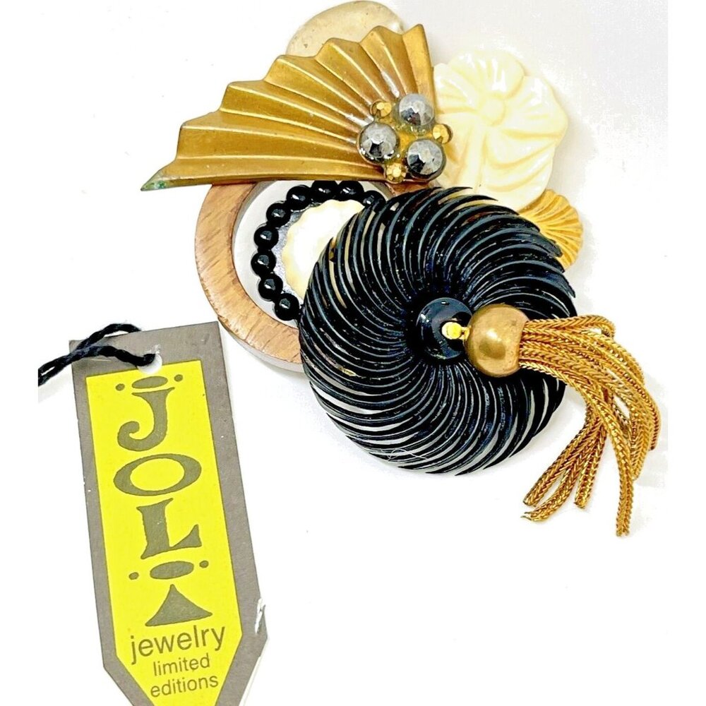 Brooch Pin Joli Jewelry Whimsy Goth Art Deco 30s Vtg Wood Metal Handmade Gift